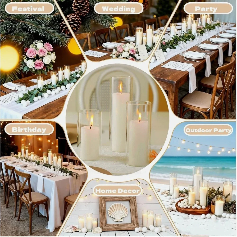 Set of 12 White Pillar Candles with Glass Cylinder Vases Clear Hurricane Glass